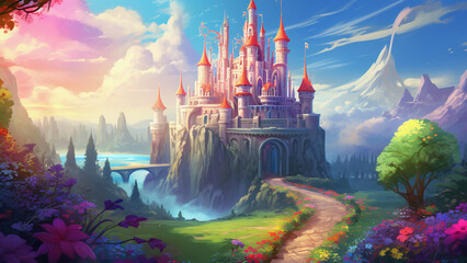 Wonderful castel. Video Game's Digital Artwork, Concept Illustration, Realistic Cartoon Style Background