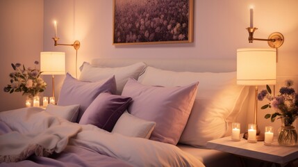 A cozy bedroom bathed in soft lilac light, with plush lavender pillows and a silk bedspread that gleams under the golden glow of a bedside lamp, casting a warm and inviting ambiance. - obrazy, fototapety, plakaty