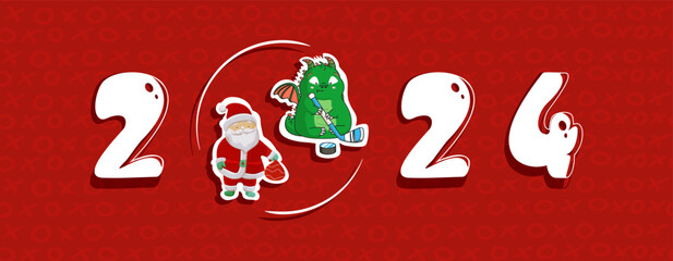 Santa Claus with a cute dragon. Rich red background. Happy new year 2024. Hockey template design. - obrazy, fototapety, plakaty