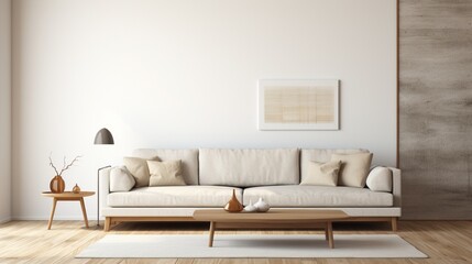 A minimalist living room showcasing a comfortable tweed sofa, surrounded by clean lines, neutral tones, and subtle geometric patterns - obrazy, fototapety, plakaty