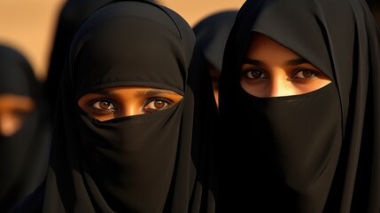 A group of women wearing black headscarves. Generative AI. - obrazy, fototapety, plakaty