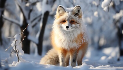 The fox looks at the camera as the animal walks through the snowy forest to assess its environment. Red cunning animal. Concept: wild winter nature with a predator
