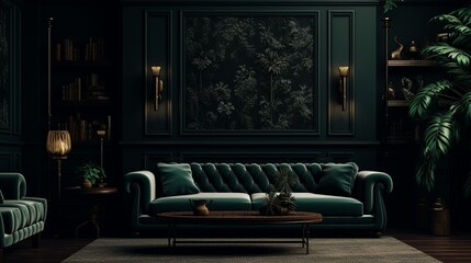 A moody, dark green home interior with a subtle wall mock-up, capturing the essence of mystery and sophistication. - obrazy, fototapety, plakaty