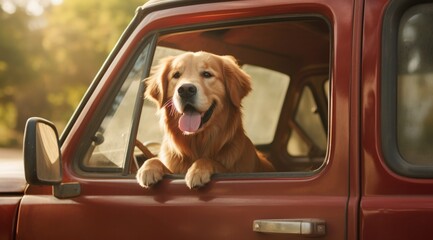 A golden retriever dog is sitting in the driver's seat of a red truck. Generative AI.
