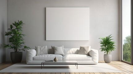 Fototapeta na wymiar A pristine white mockup frame placed against a concrete accent wall in a high-tech living room, showcasing a futuristic atmosphere with metallic accents.