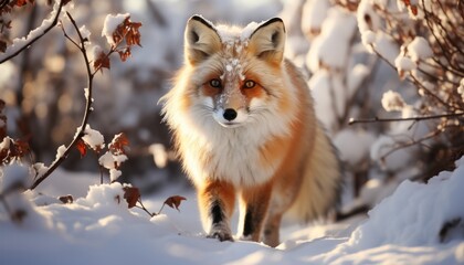 Fototapeta premium The fox looks at the camera as the animal walks through the snowy forest to assess its environment. Red cunning animal. Concept: wild winter nature with a predator