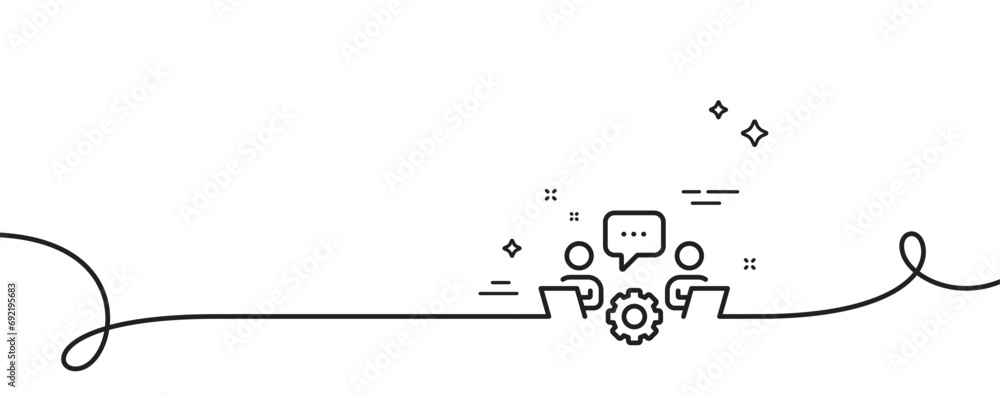 Poster teamwork line icon. continuous one line with curl. remote office sign. team employees symbol. teamwo