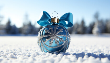 Snow covered fir tree with blue Christmas ornament and glitter decoration generated by AI
