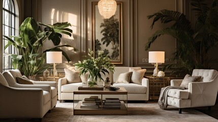 A sophisticated sitting area featuring a plush chenille sofa, accented by a mix of earthy tones, botanical elements, and soft diffused lighting