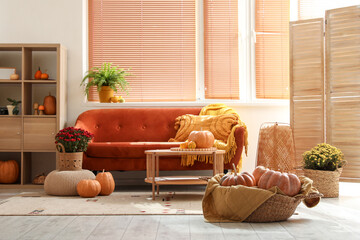 Interior of cozy living room with brown sofa, wooden furniture and pumpkins