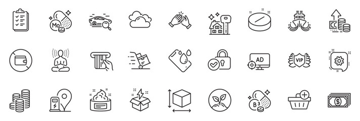 Icons pack as Clapping hands, Payment and Smartphone waterproof line icons for app include Seo adblock, Wallet, Verified locker outline thin icon web set. Medical tablet, Checklist. Vector