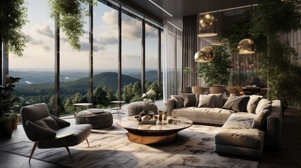 A well-designed living room boasting a tufted fabric sofa, adorned with metallic accents and a panoramic view of lush greenery outside