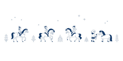 Winter, Christmas holidays, children riding horses, vector illustration