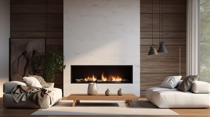 An empty white frame suspended above a minimalist fireplace in a contemporary living space, surrounded by dark oak panels for a warm contrast.