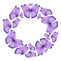 Watercolor wreath, frame purple butterfly hand drawn botanical style. Art print for logo, wedding invitation, design postcard card