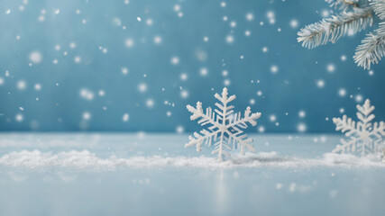 Fototapeta na wymiar Christmas or winter background with bokeh, snowflakes and snow.