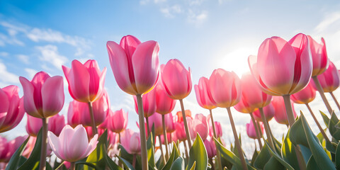 Close up of pink tulips growing on field in spring, sky background 