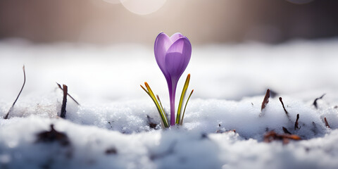 Close up of one crocus flower growing in the snow, blurry background 