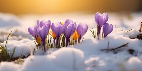Close up of purple spring crocus flowers growing in the snow, blurry background 