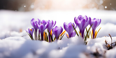Close up of purple spring crocus flowers growing in the snow, blurry light background 