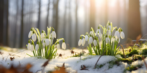 Close up of white spring snowdrop flowers growing in the snow, blurry forest  background  - obrazy, fototapety, plakaty