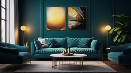 Discover the allure of a deep teal home interior with an artistic wall mock-up, radiating a sense of modernity and contemplation.