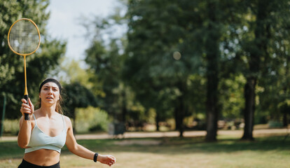 Attractive athletes playing badminton in a park, enjoying a sunny day surrounded by nature. Fit...