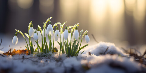 Close up of white spring snowdrop flowers growing in the snow, blurry forest  background 