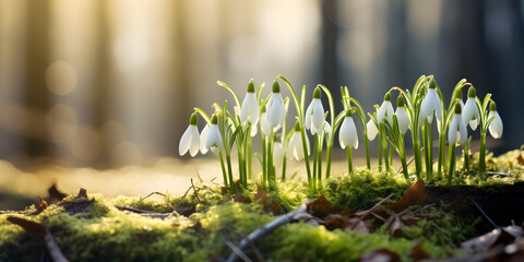 Close up of white spring snowdrop flowers growing in the snow, blurry forest  background  - Powered by Adobe