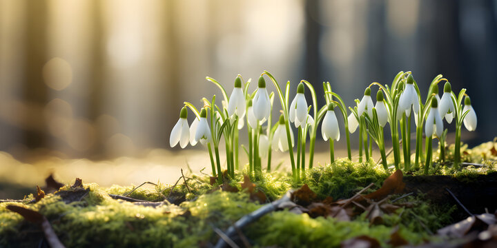 Close up of white spring snowdrop flowers growing in the snow, blurry forest  background 