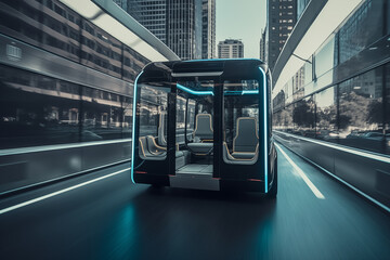 Self driving bus. Autonomous bus driving in city. Future Electric passenger buse. Self-driving passenger electric bus. Public electric E-bus. Driverless bus line with 5g autonomous driving buses. - obrazy, fototapety, plakaty