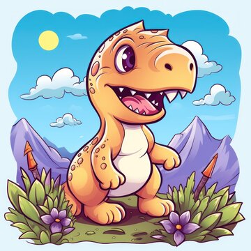 drawing of a blue orange dinosaur surrounded by mountains
