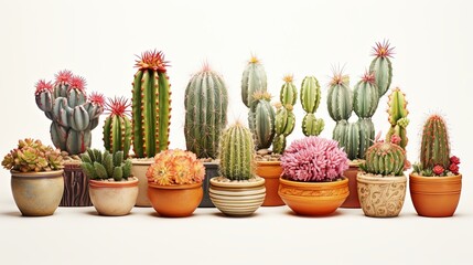 variety of cactus in pots isolated on white background