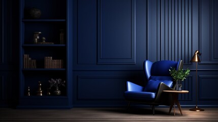 Immerse yourself in a dark and sophisticated indigo room with a wall mock-up, inviting a sense of creativity and inspiration.