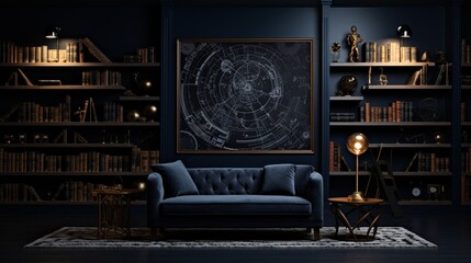Immerse yourself in a dark and sophisticated indigo room with a wall mock-up, inviting a sense of creativity and inspiration.