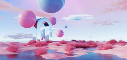 Wandcirkels aluminium 3d Render, Abstract Surreal pastel landscape background with arches and podium for showing product, panoramic view, Colorful dune scene with copy space, blue sky and cloudy, Minimalist decor design © TANATPON