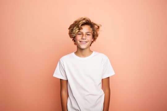 cool boy show v-sign wear white t-shirt isolated on peach fuzz color background - Powered by Adobe
