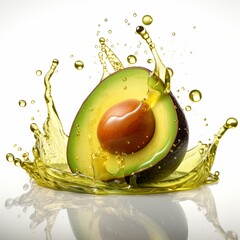 Avocado falling into oil isolated on white 