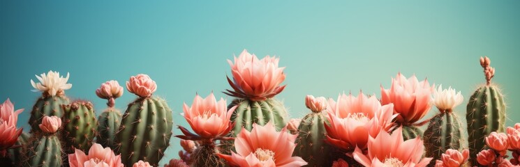 Blooming cactus in a pot on a soft turquoise background, drought-tolerant plant. banner with copy space.