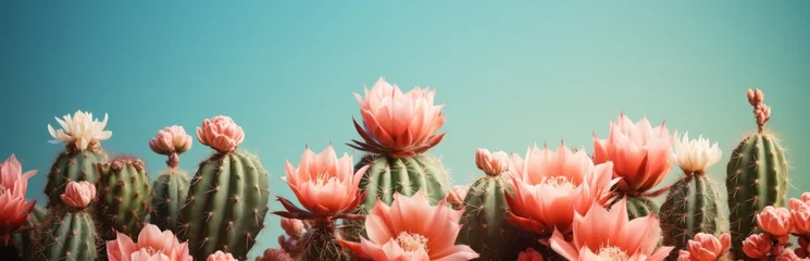 Fototapeten Blooming cactus in a pot on a soft turquoise background, drought-tolerant plant. banner with copy space. © Marynkka_muis