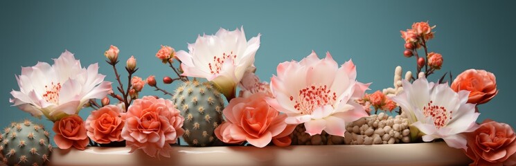 Blooming cactus in a pot on a soft turquoise background, drought-tolerant plant. banner with copy space.