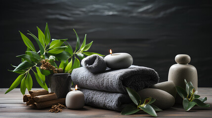 
A tranquil spa setting with fluffy grey towels rolled up, green plant, and smooth river stones