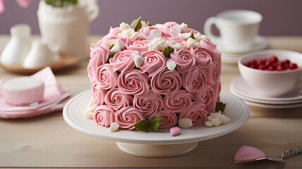 
A vintage-style Valentine's Day cake, decorated with buttercream roses and pearl accents