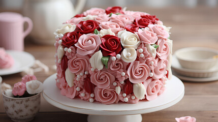 Obraz na płótnie Canvas A vintage-style Valentine's Day cake, decorated with buttercream roses and pearl accents