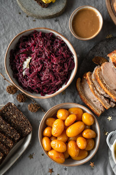 Danish Christmas table with caramelised potatoes snd braised red cabbage