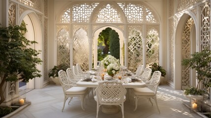 Fototapeta na wymiar Timeless ivory-themed dining space with opulent crystal lighting, extending to a private patio showcasing a Mediterranean-inspired mosaic floor and pergola