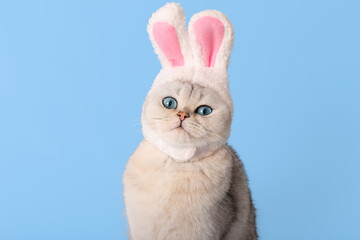 Funny white cat in hat with bunny ears on blue background