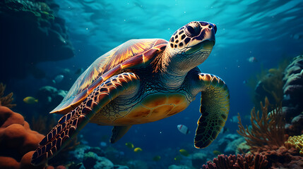 Beautiful sea turtle body portrait swimming in the ocean 