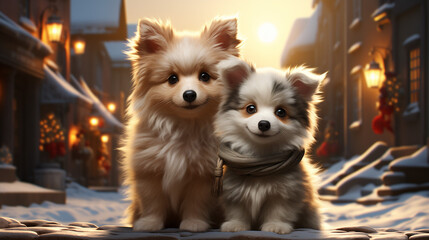Two cute dogs in dreamy Christmas village, magic. Ai generative - obrazy, fototapety, plakaty