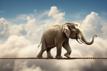 Elephant is balancing on the rope in the cloudy sky background. Generative ai